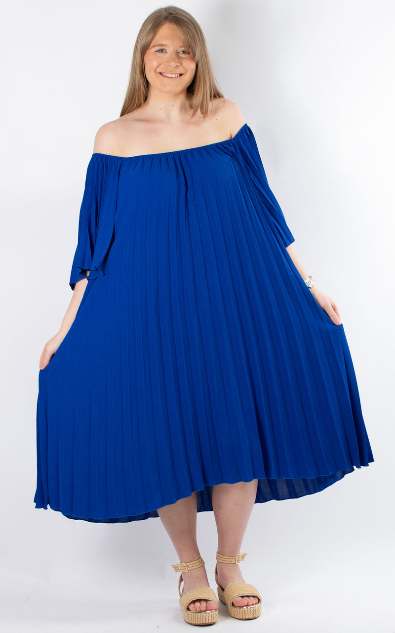 Pleated Bardot Dress | Cobalt
