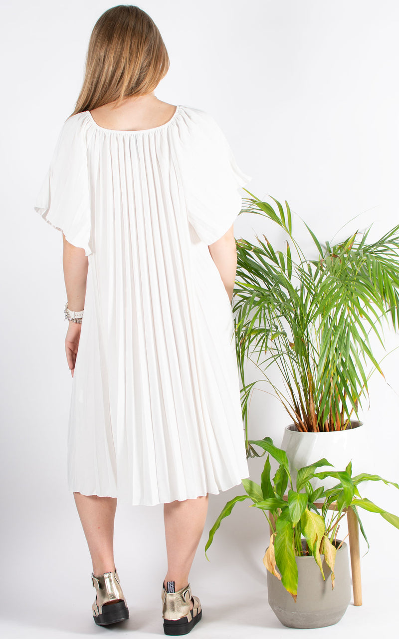 Pleated Bardot Dress | White