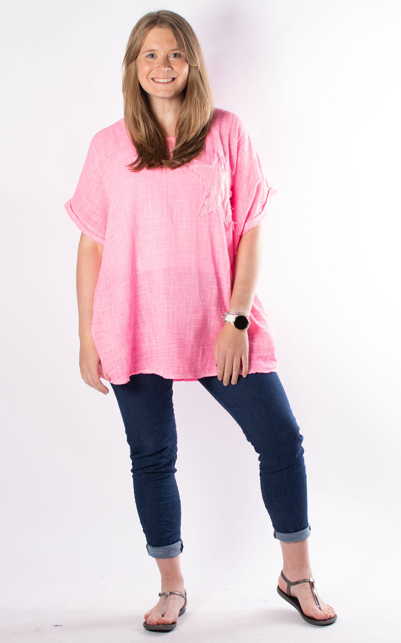 Sequin Star Cheesecloth Top | Neon Pink
