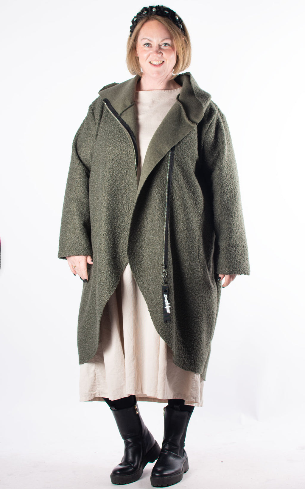 Side Zip Boucle Coat | Khaki
