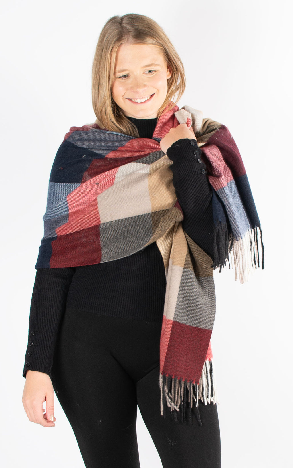 Winter Blanket Scarf | Squares | Mulberry Red, Navy & Taupe