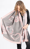 Scarf | Cashmere Mix Heart Print | Grey & Pink
