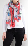 Scarf | Floral Bordered | Coral